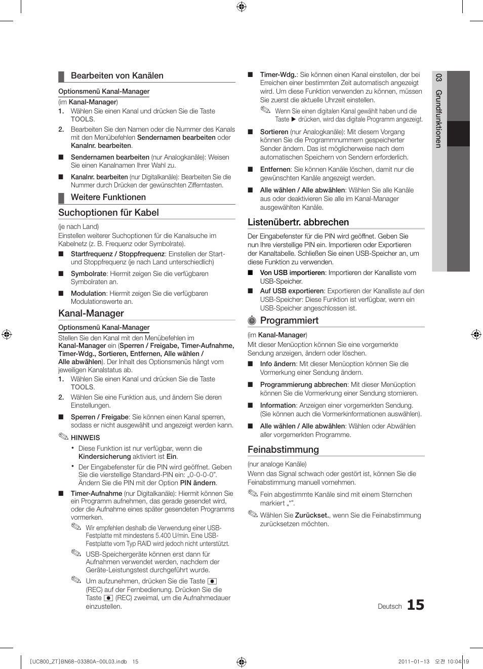 Suchoptionen für kabel, Kanal-manager, Listenübertr. abbrechen | Programmiert, Feinabstimmung | Samsung UE40S800XP User Manual | Page 143 / 192