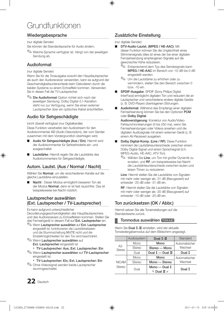 Grundfunktionen, Wiedergabesprache, Audioformat | Audio für sehgeschädigte, Autom. lautst. (aus / normal / nacht), Zusätzliche einstellung, Ton zurücksetzen (ok / abbr.) | Samsung UE40S800XP User Manual | Page 150 / 192