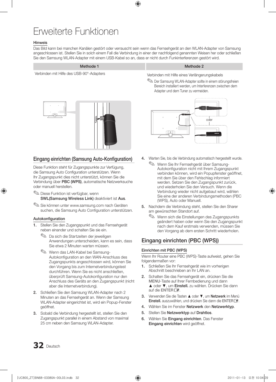 Erweiterte funktionen, Eingang einrichten (samsung auto-konfiguration), Eingang einrichten (pbc (wps)) | Samsung UE40S800XP User Manual | Page 160 / 192