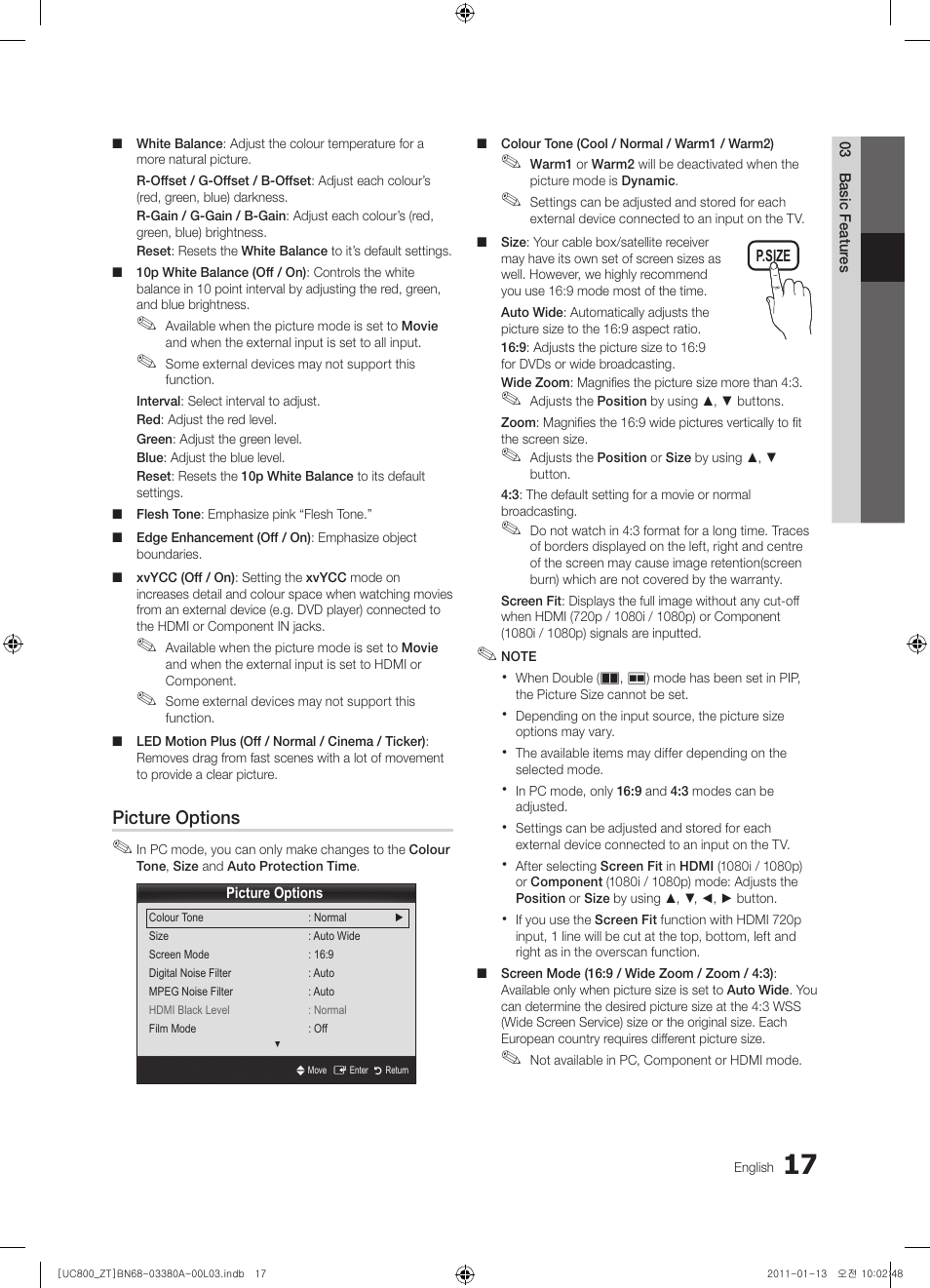 Picture options | Samsung UE40S800XP User Manual | Page 17 / 192