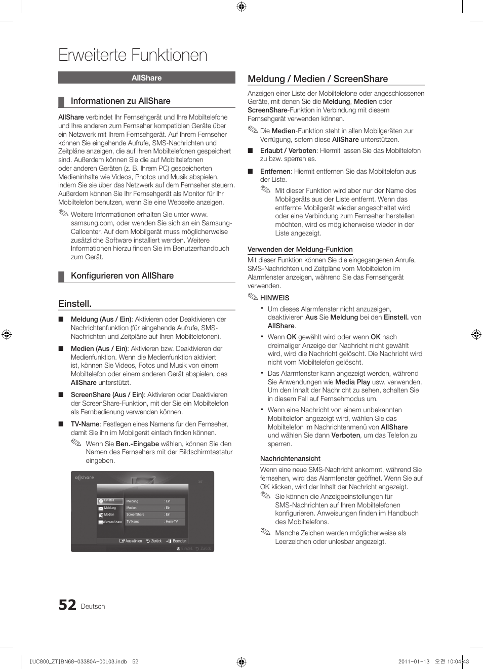 Erweiterte funktionen, Einstell, Meldung / medien / screenshare | Samsung UE40S800XP User Manual | Page 180 / 192