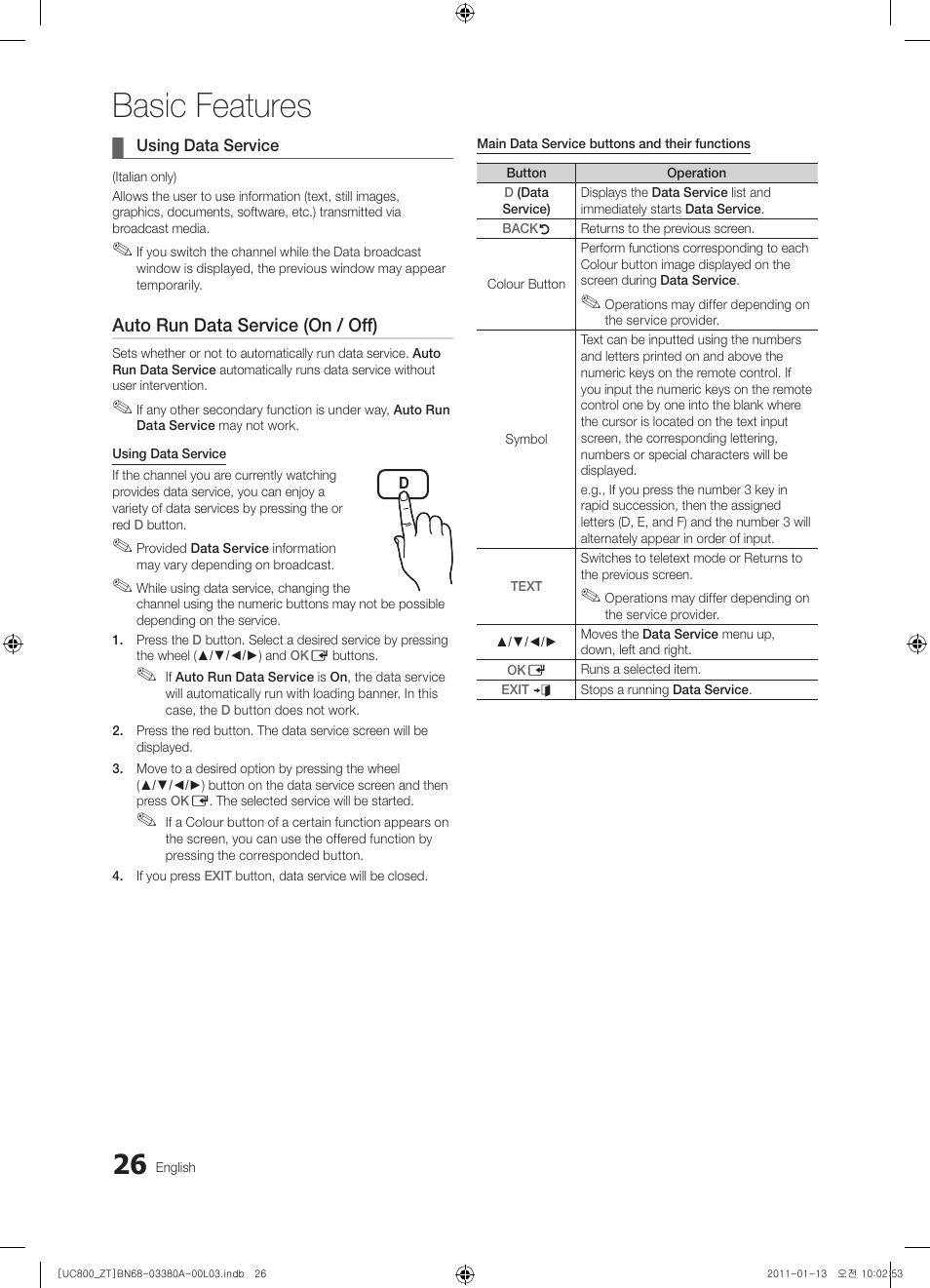 Basic features, Auto run data service (on / off) | Samsung UE40S800XP User Manual | Page 26 / 192