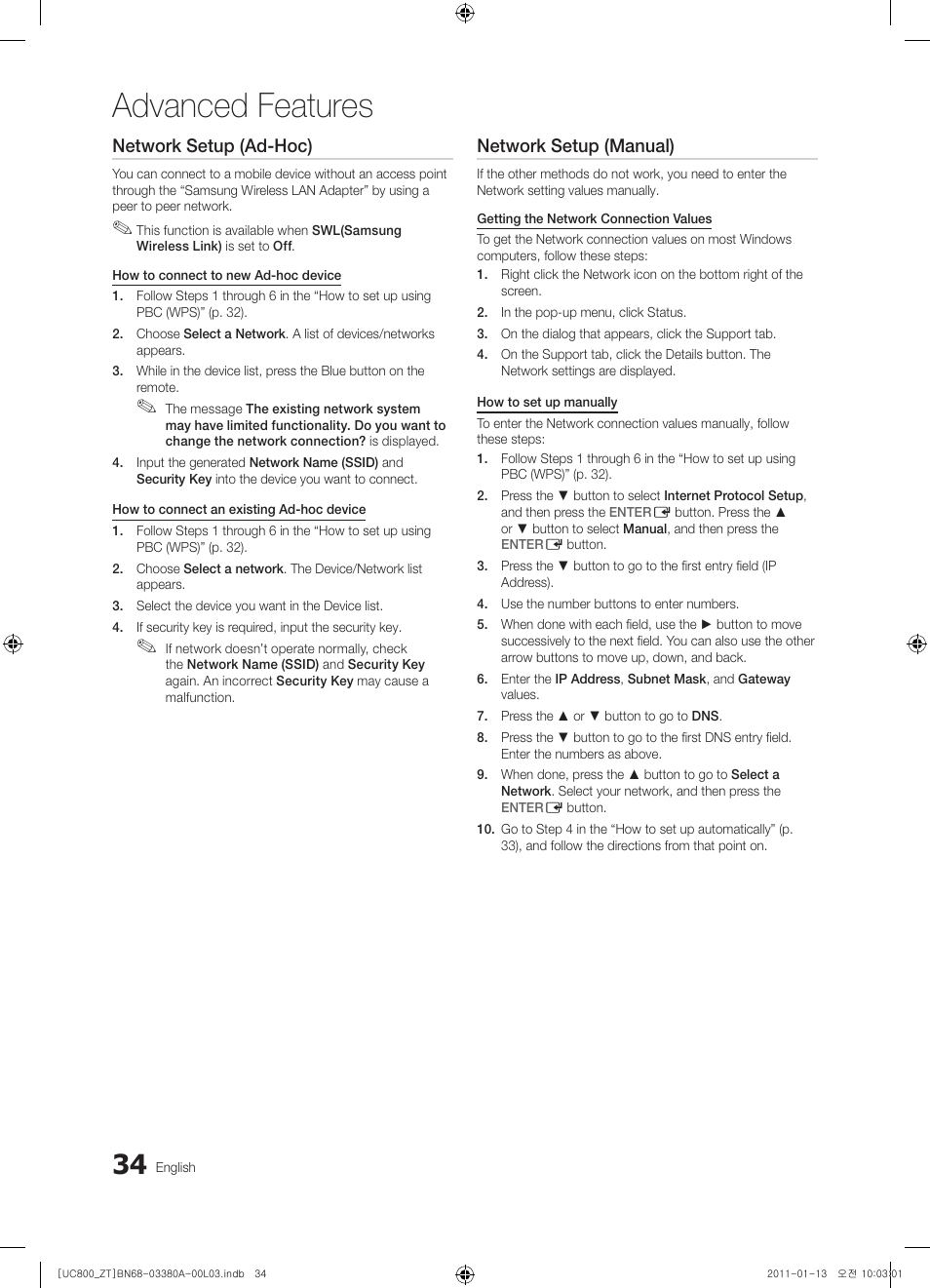 Advanced features, Network setup (ad-hoc), Network setup (manual) | Samsung UE40S800XP User Manual | Page 34 / 192