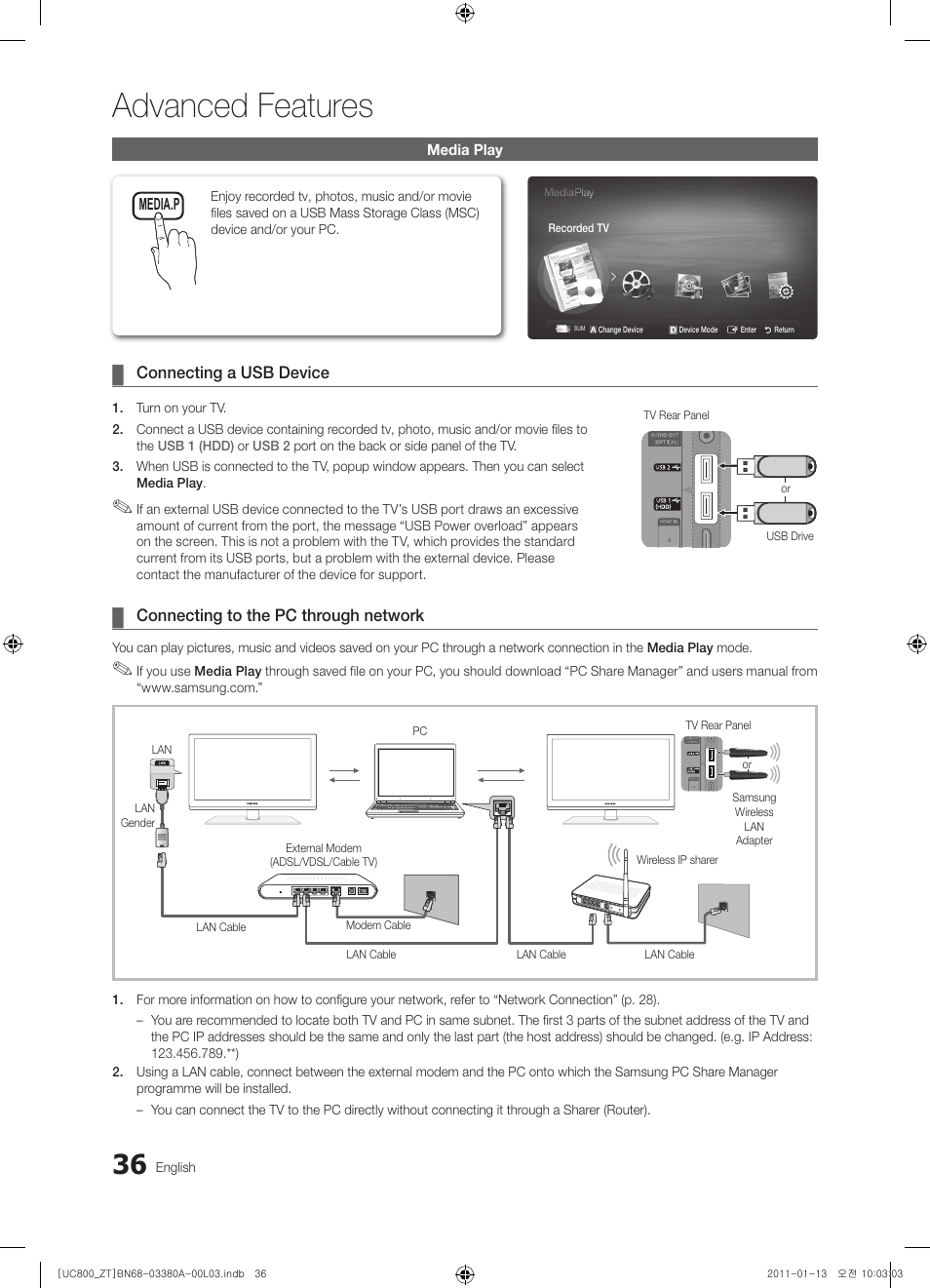 Advanced features | Samsung UE40S800XP User Manual | Page 36 / 192