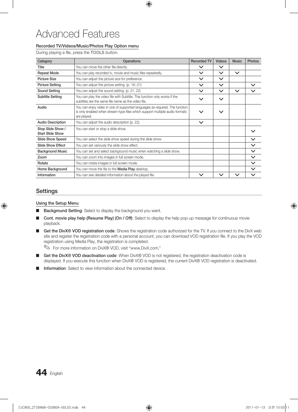 Advanced features, Settings | Samsung UE40S800XP User Manual | Page 44 / 192