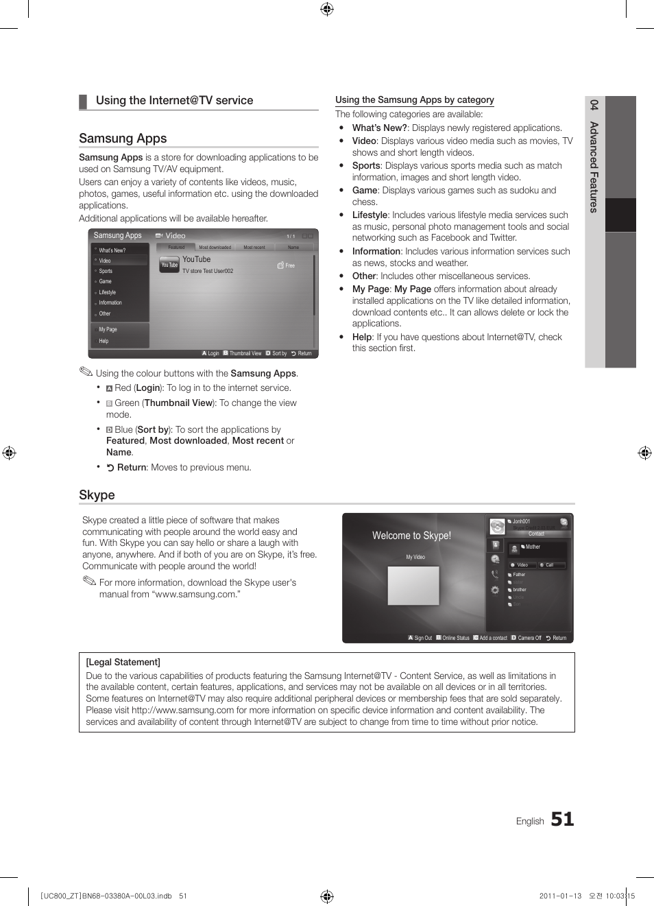 Samsung apps, Skype, Using the internet@tv service | Samsung UE40S800XP User Manual | Page 51 / 192