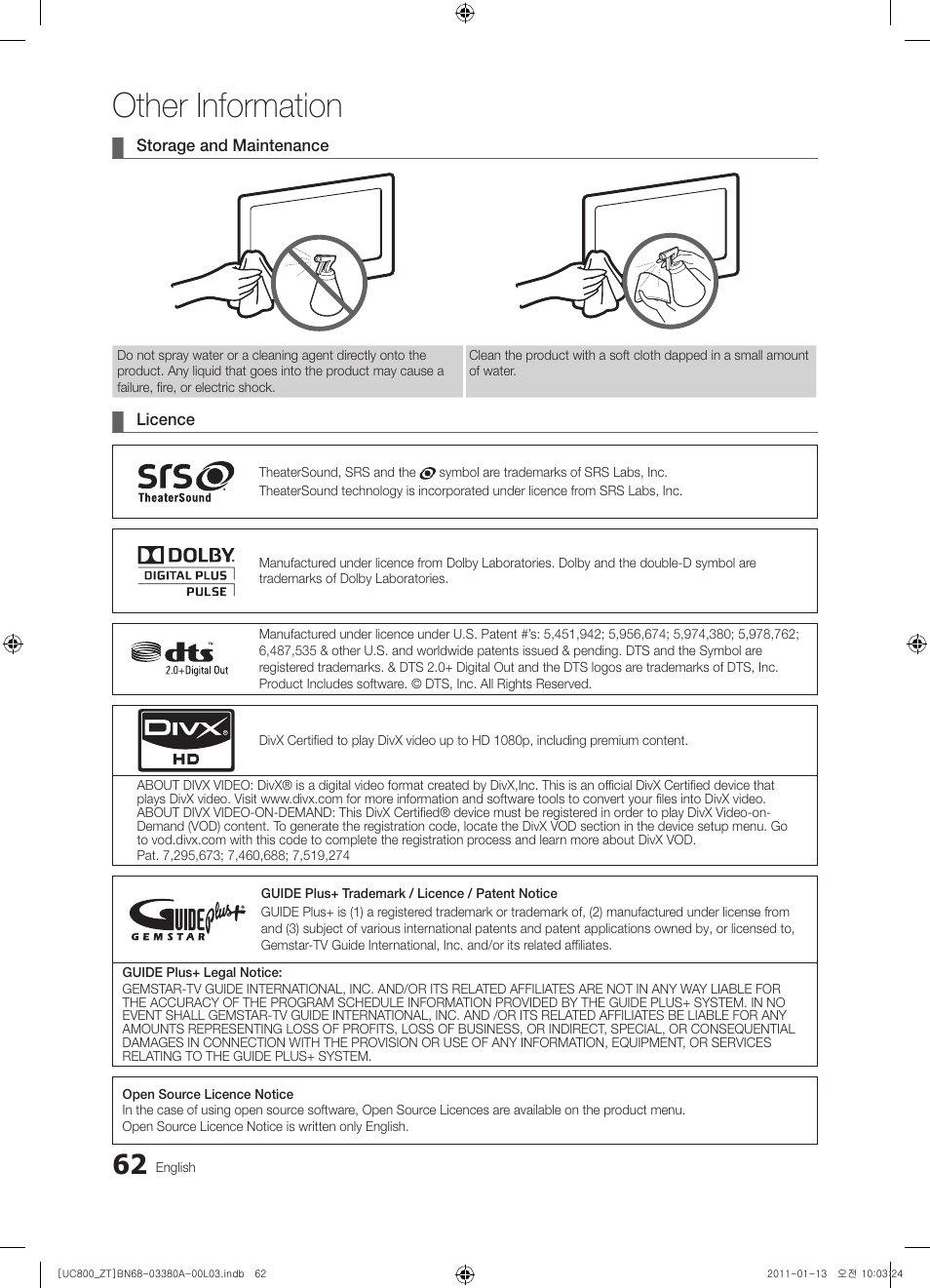 Other information | Samsung UE40S800XP User Manual | Page 62 / 192