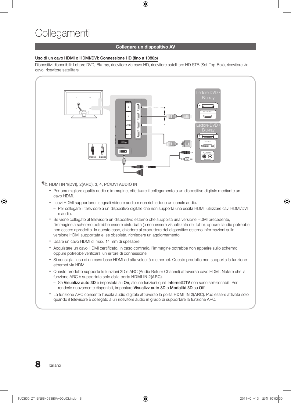 Collegamenti | Samsung UE40S800XP User Manual | Page 72 / 192
