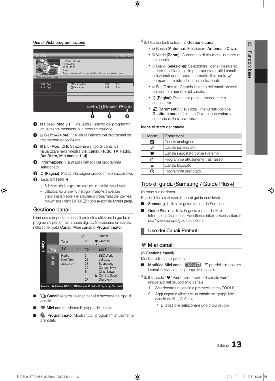 Gestione canali, Tipo di guida (samsung / guide plus+), Miei canali | Uso dei canali preferiti | Samsung UE40S800XP User Manual | Page 77 / 192