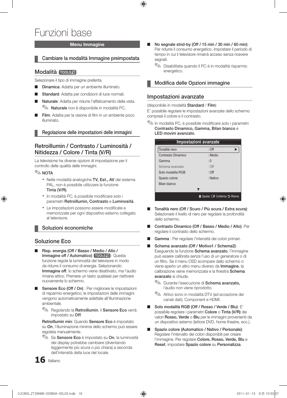 Funzioni base, Modalità t, Soluzione eco | Impostazioni avanzate | Samsung UE40S800XP User Manual | Page 80 / 192