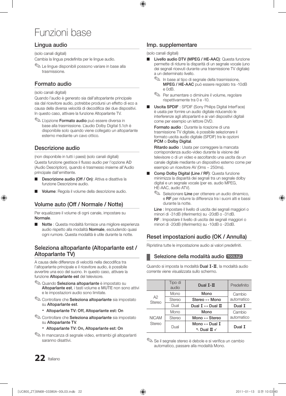 Funzioni base, Lingua audio, Formato audio | Descrizione audio, Volume auto (off / normale / notte), Imp. supplementare, Reset impostazioni audio (ok / annulla) | Samsung UE40S800XP User Manual | Page 86 / 192