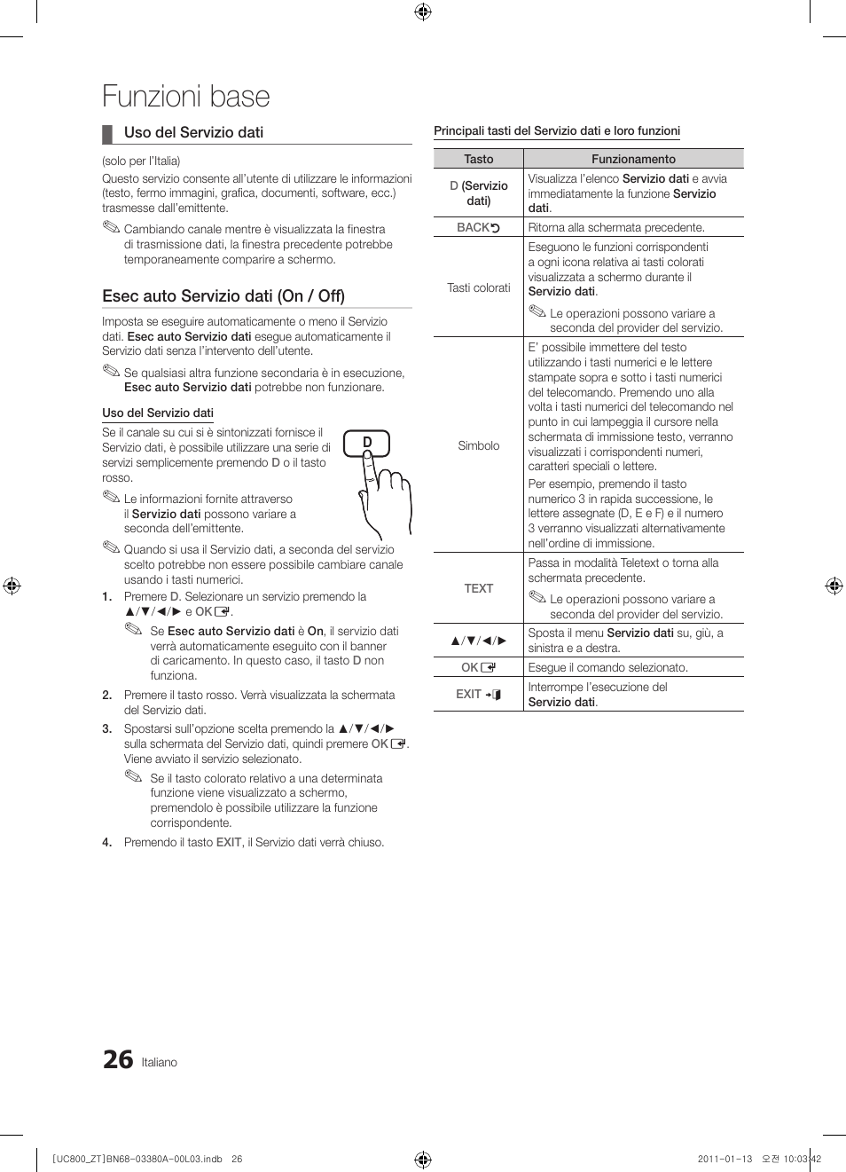 Funzioni base, Esec auto servizio dati (on / off) | Samsung UE40S800XP User Manual | Page 90 / 192