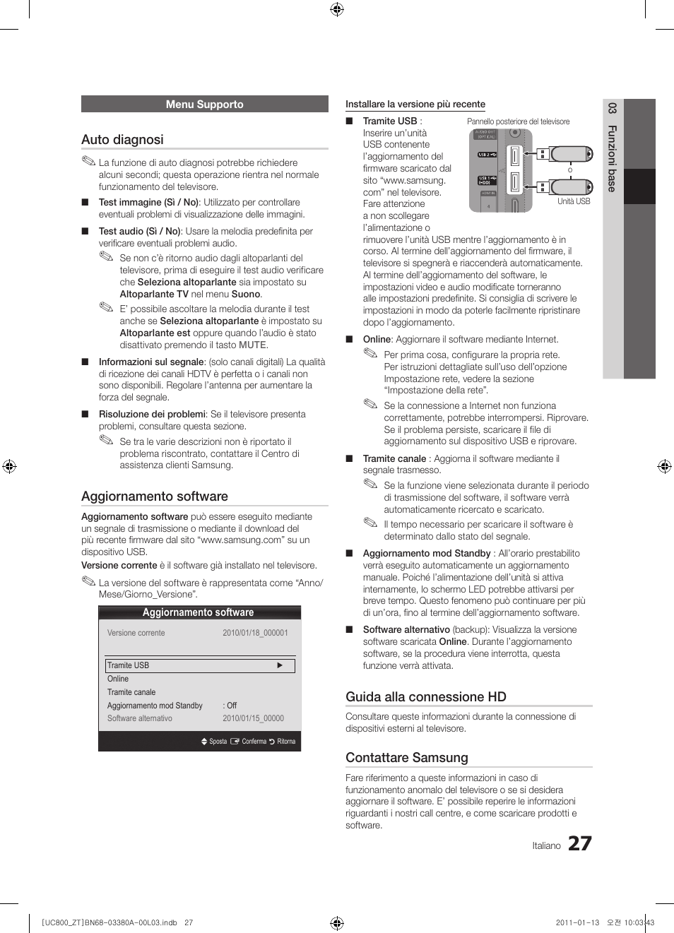 Auto diagnosi, Aggiornamento software, Guida alla connessione hd | Contattare samsung | Samsung UE40S800XP User Manual | Page 91 / 192