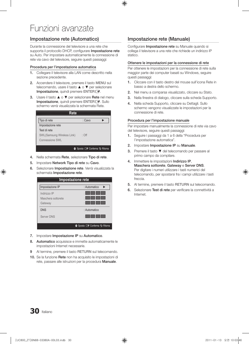 Funzioni avanzate, Impostazione rete (automatico), Impostazione rete (manuale) | Samsung UE40S800XP User Manual | Page 94 / 192