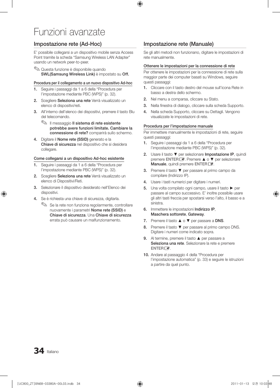 Funzioni avanzate, Impostazione rete (ad-hoc), Impostazione rete (manuale) | Samsung UE40S800XP User Manual | Page 98 / 192