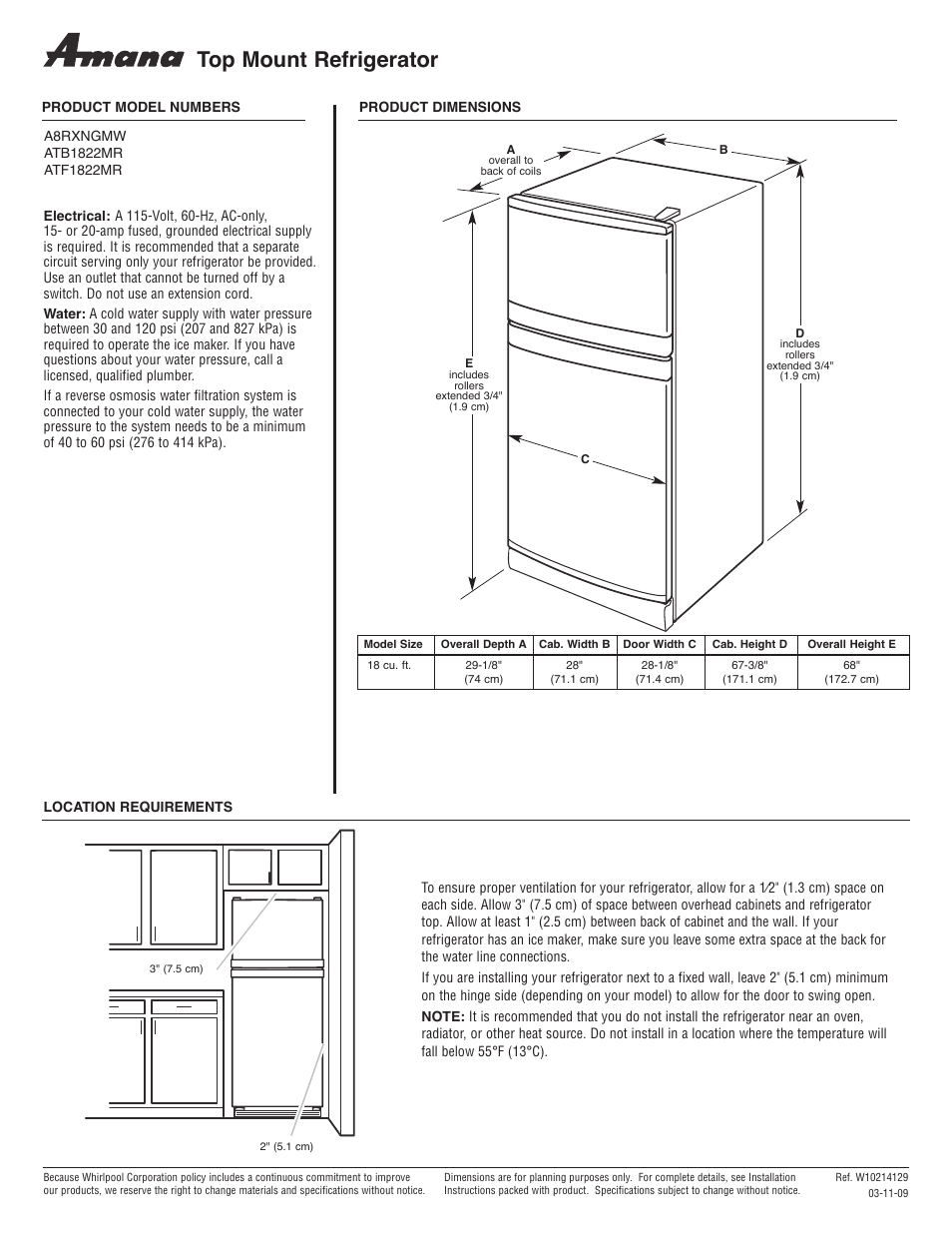 Amana A8RXNGMW User Manual | 1 page