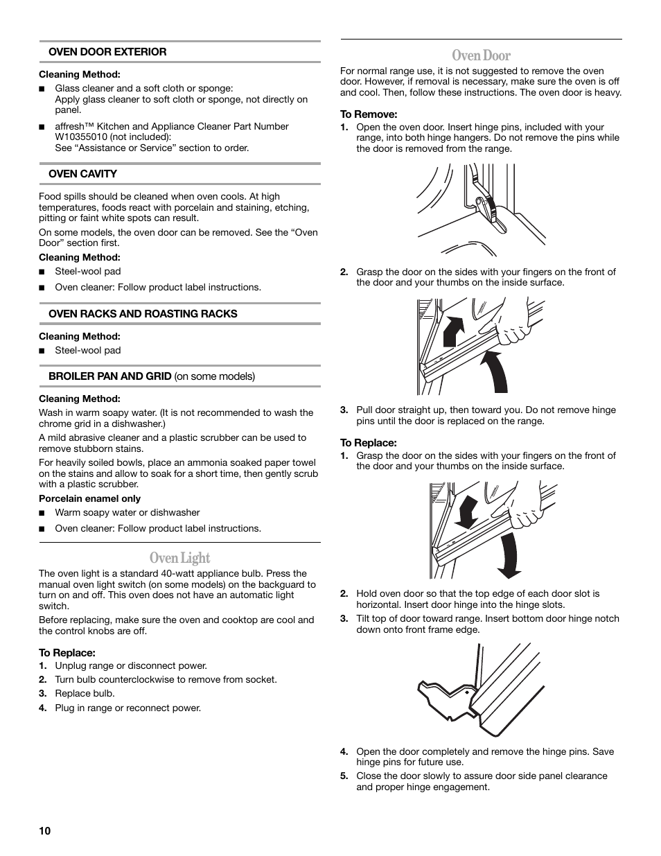 Oven light, Oven door | Amana W10452012A User Manual | Page 10 / 16