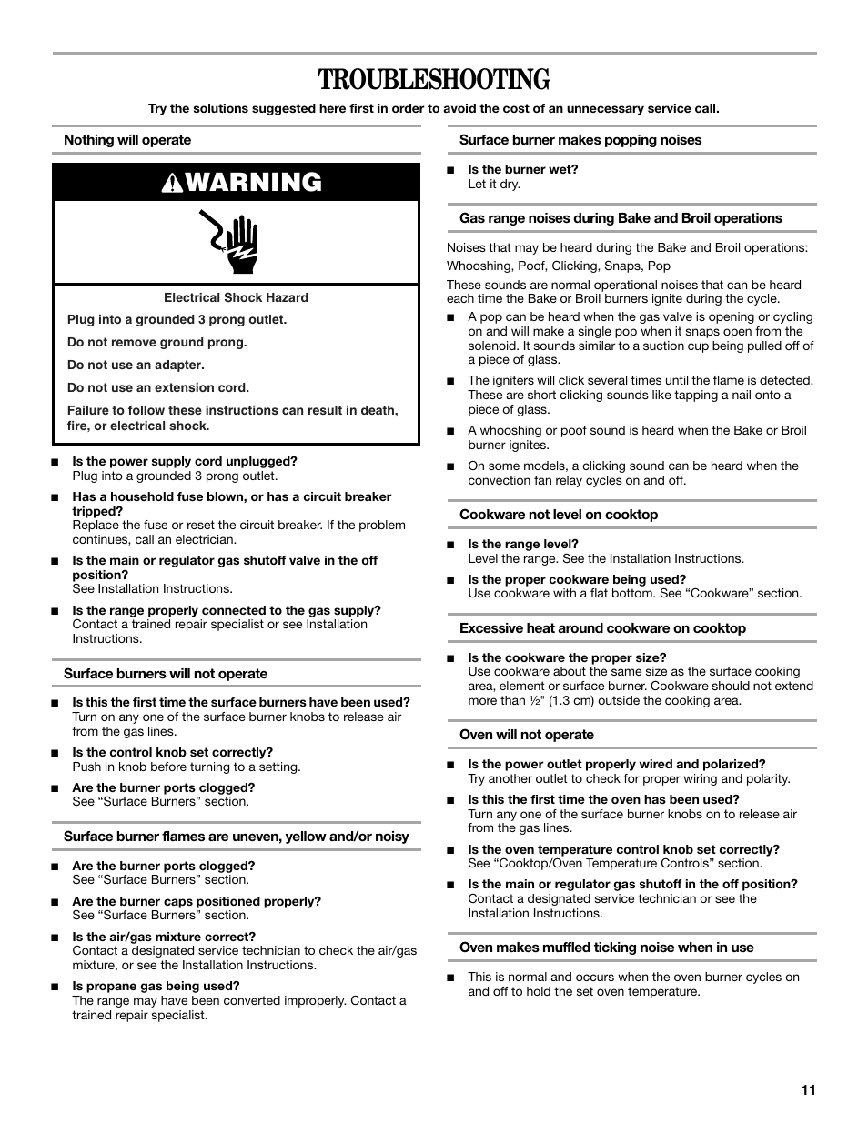 Troubleshooting, Warning | Amana W10452012A User Manual | Page 11 / 16