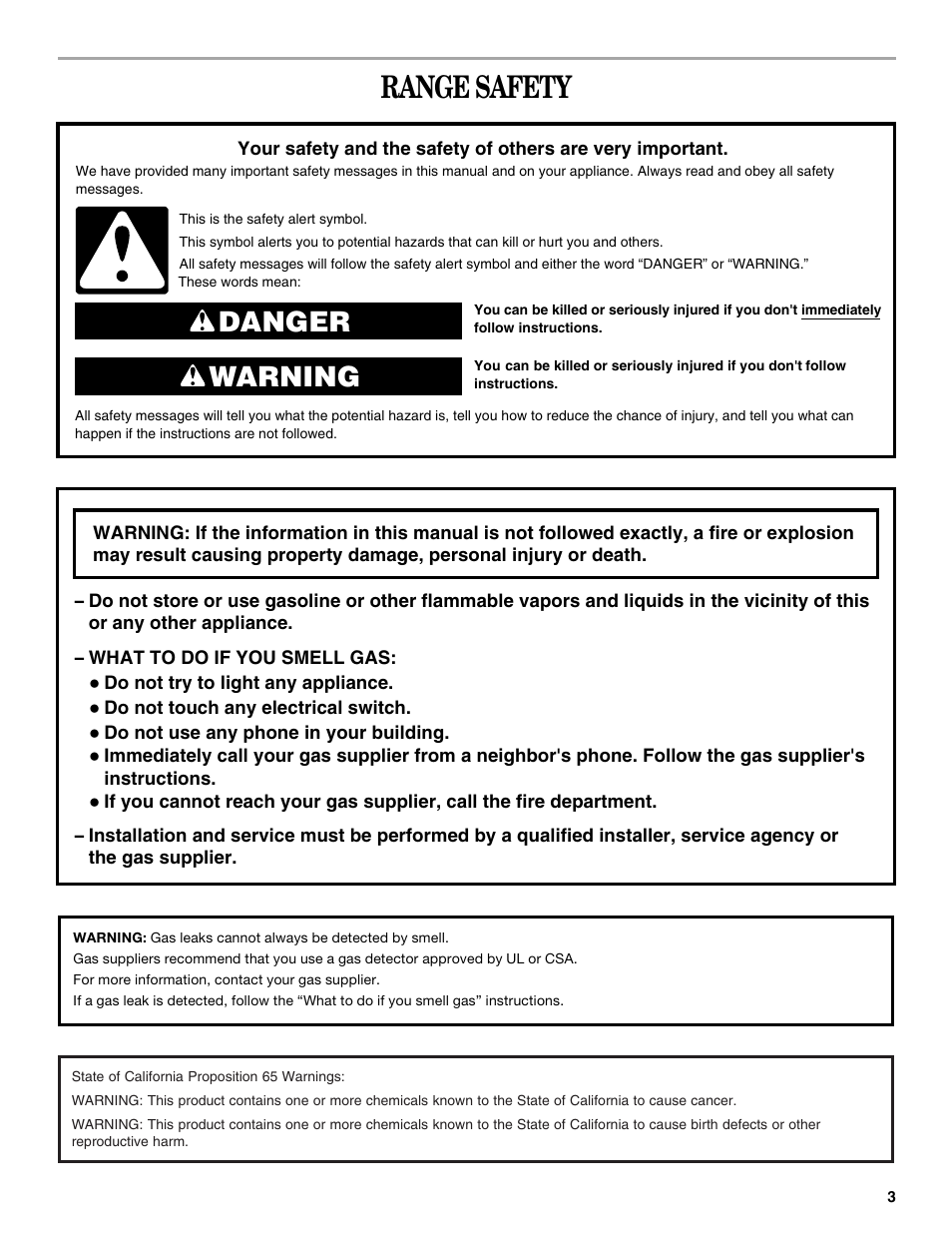 Range safety, Danger warning | Amana W10452012A User Manual | Page 3 / 16
