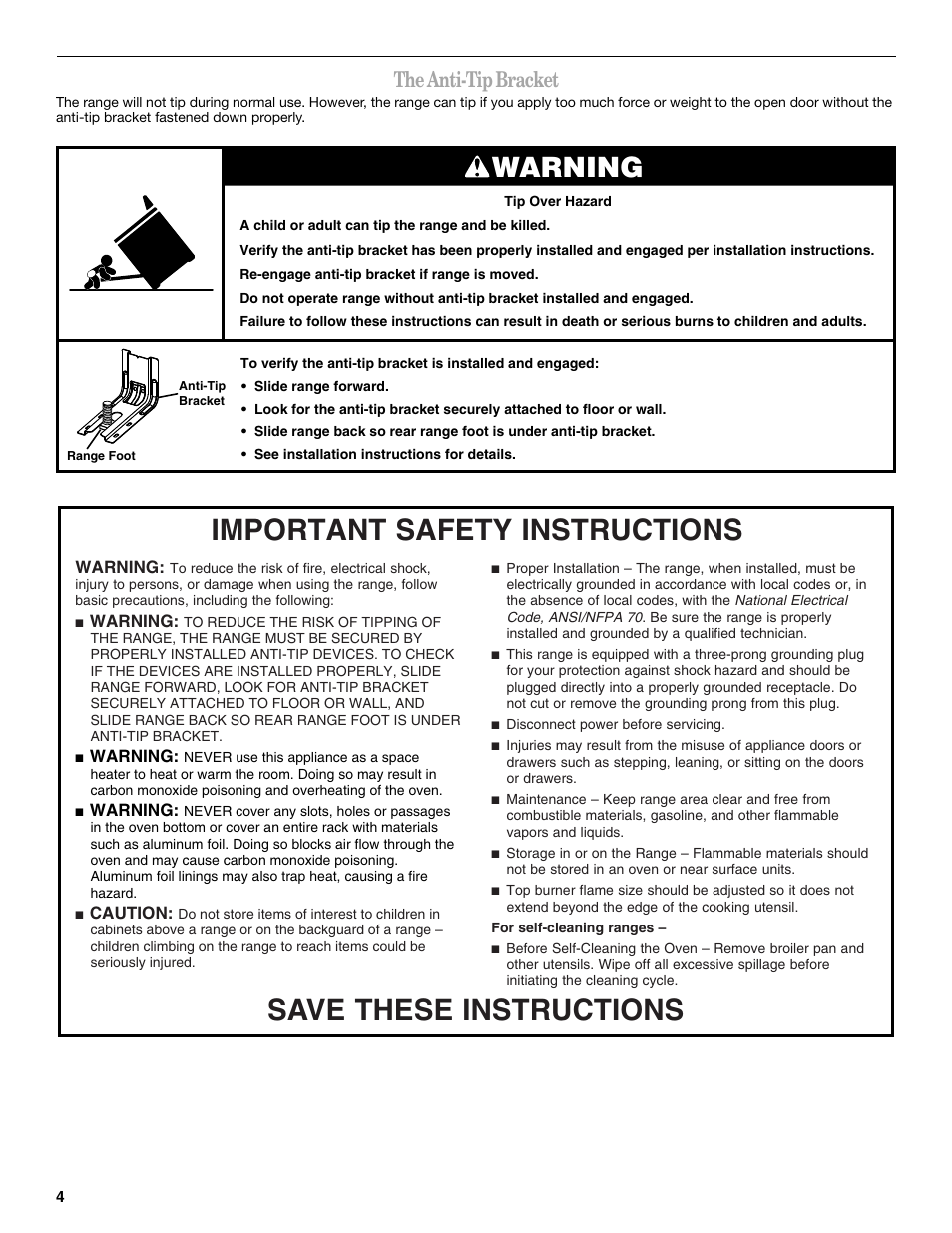 Warning, The anti-tip bracket | Amana W10452012A User Manual | Page 4 / 16