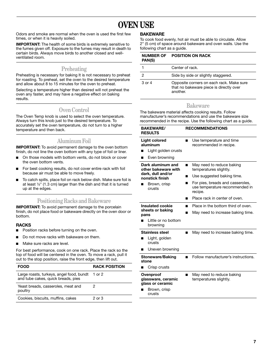 Oven use, Preheating, Oven control | Aluminum foil, Positioning racks and bakeware, Bakeware | Amana W10452012A User Manual | Page 7 / 16