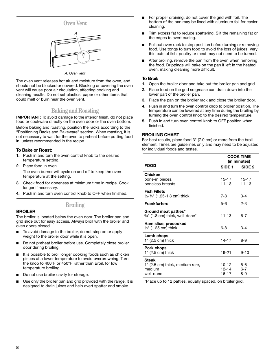 Oven vent, Baking and roasting, Broiling | Amana W10452012A User Manual | Page 8 / 16