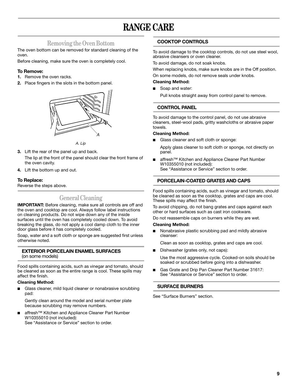 Range care, Removing the oven bottom, General cleaning | Amana W10452012A User Manual | Page 9 / 16