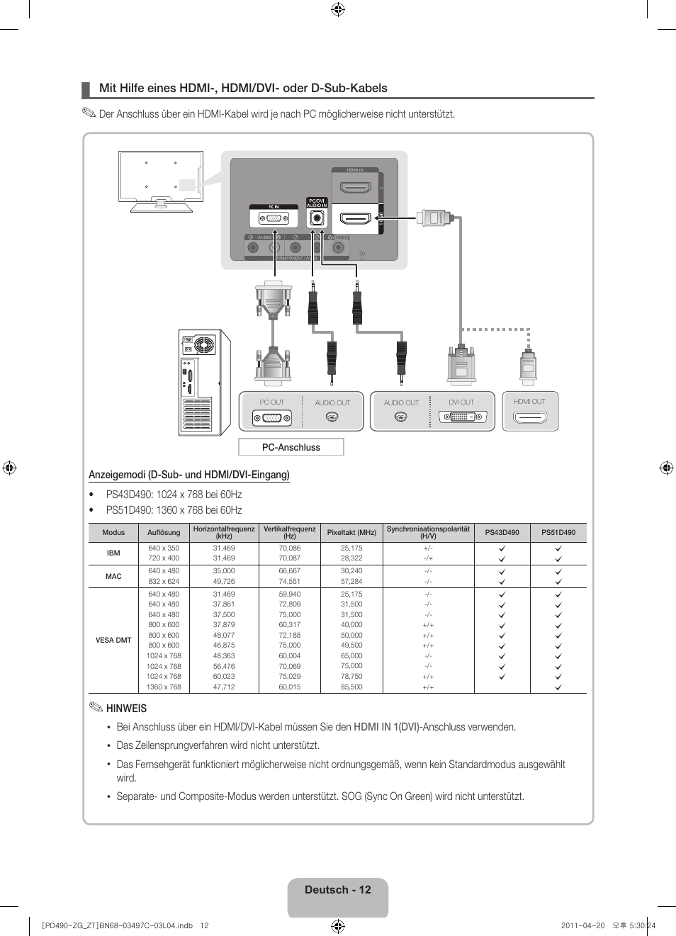 Mit hilfe eines hdmi-, hdmi/dvi- oder d-sub-kabels | Samsung PS43D490A1W User Manual | Page 30 / 74