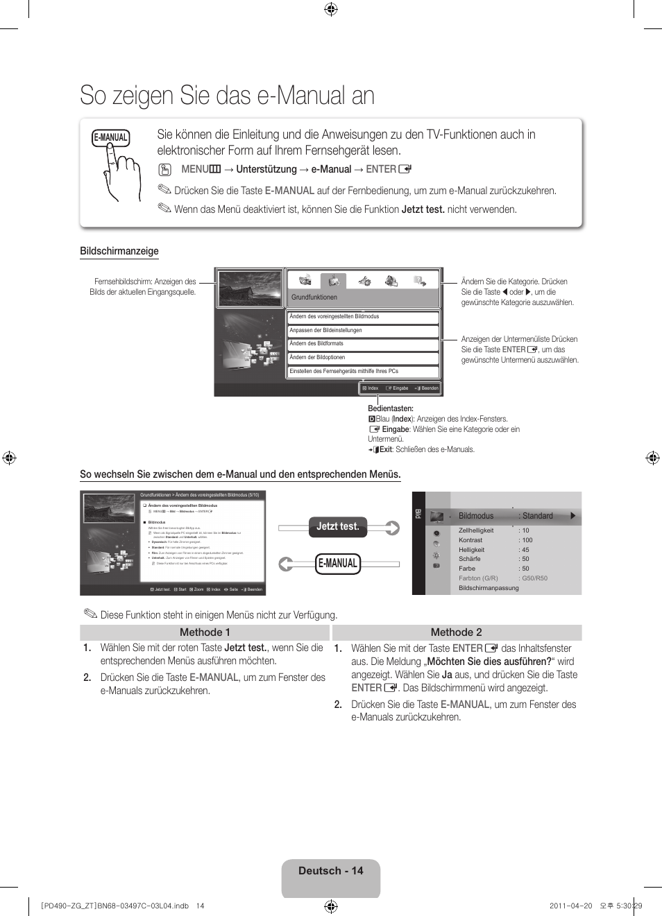 So zeigen sie das e-manual an, Deutsch - 14, Menu m → unterstützung → e-manual → enter e | Jetzt test, E-manual | Samsung PS43D490A1W User Manual | Page 32 / 74