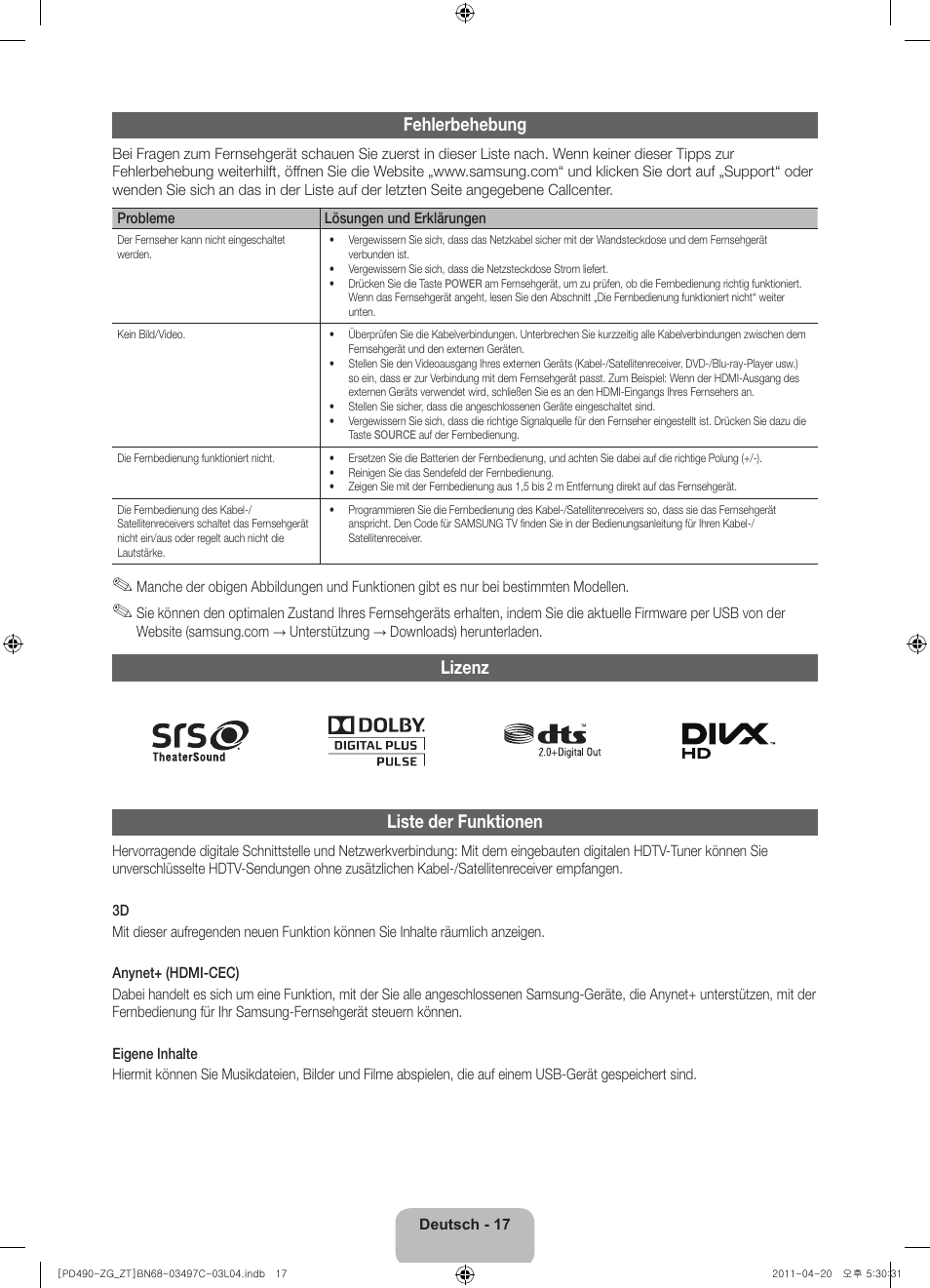 Fehlerbehebung, Lizenz liste der funktionen | Samsung PS43D490A1W User Manual | Page 35 / 74