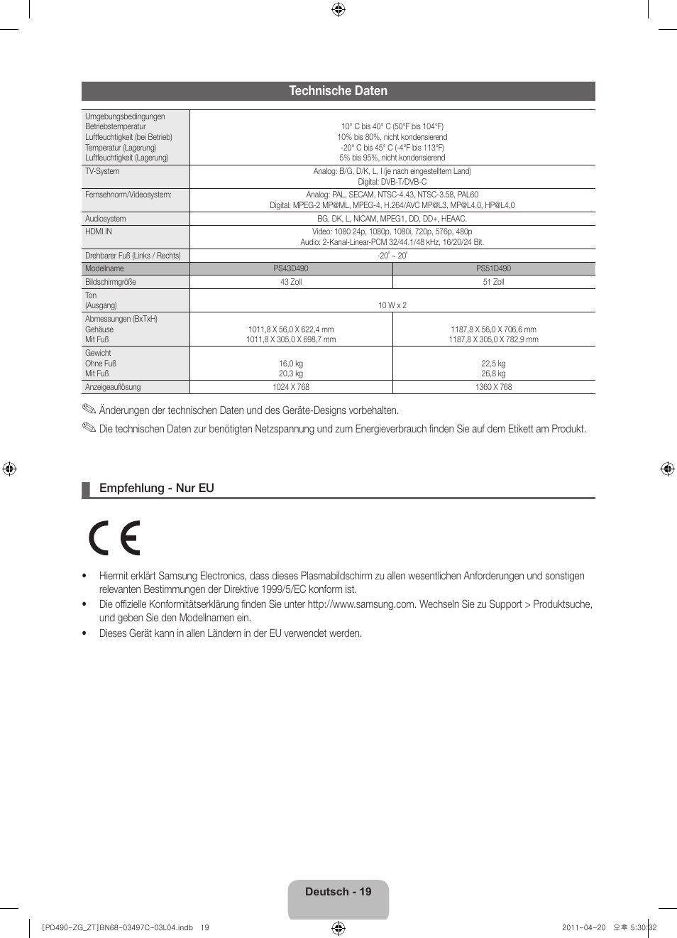 Technische daten | Samsung PS43D490A1W User Manual | Page 37 / 74