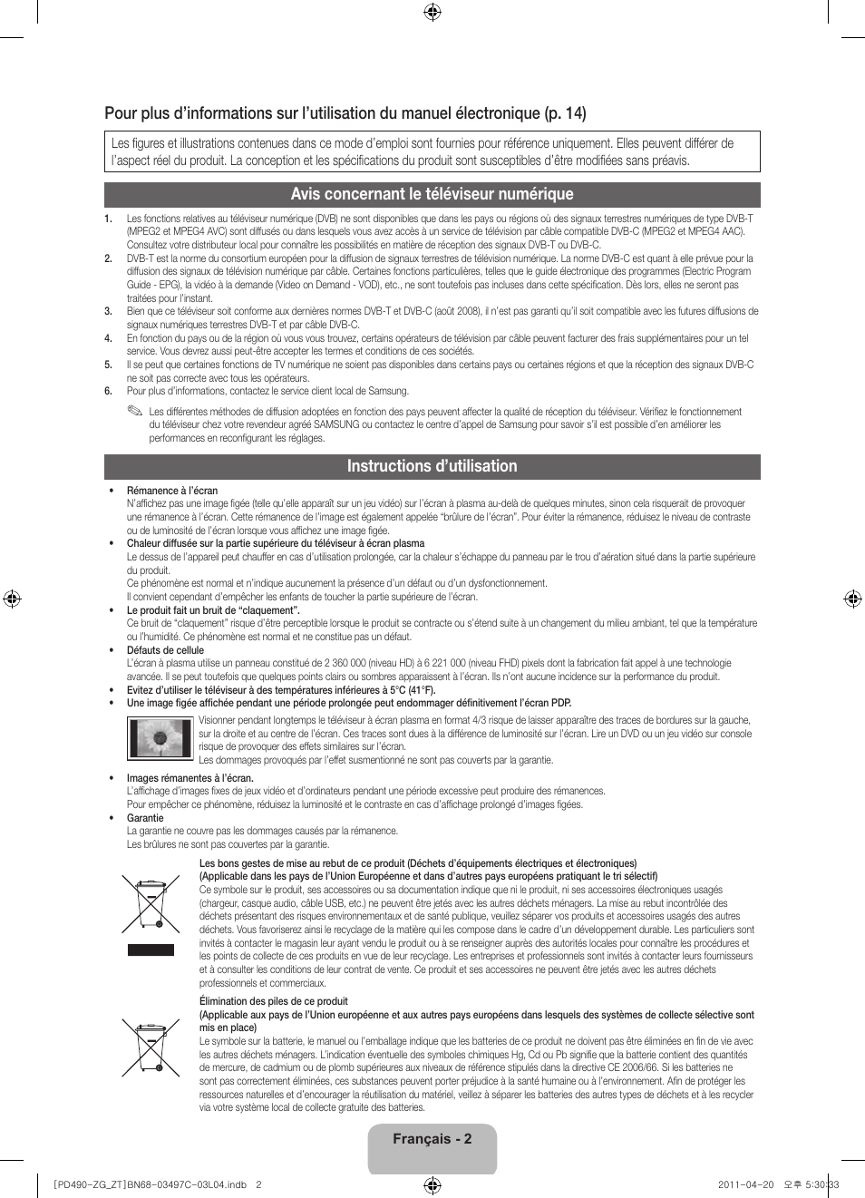 Avis concernant le téléviseur numérique, Instructions d’utilisation | Samsung PS43D490A1W User Manual | Page 38 / 74