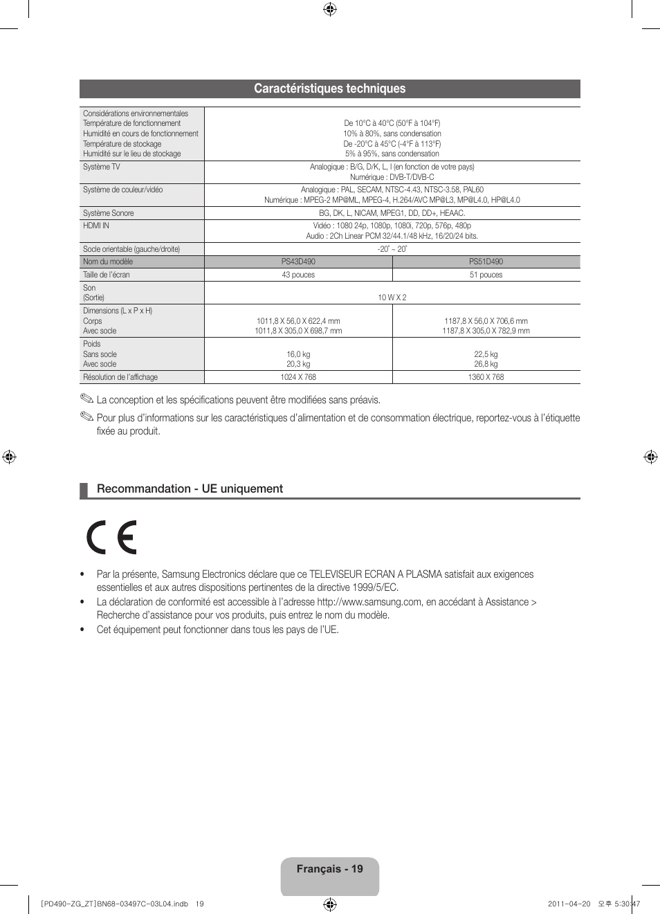 Caractéristiques techniques | Samsung PS43D490A1W User Manual | Page 55 / 74