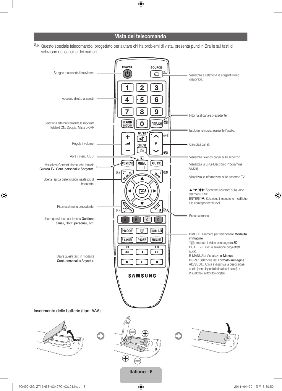 Vista del telecomando | Samsung PS43D490A1W User Manual | Page 60 / 74