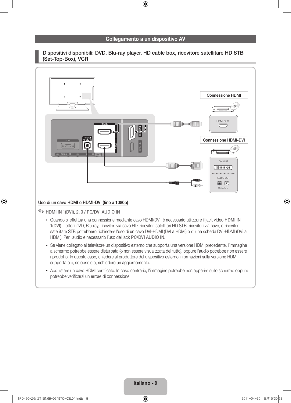 Collegamento a un dispositivo av | Samsung PS43D490A1W User Manual | Page 63 / 74