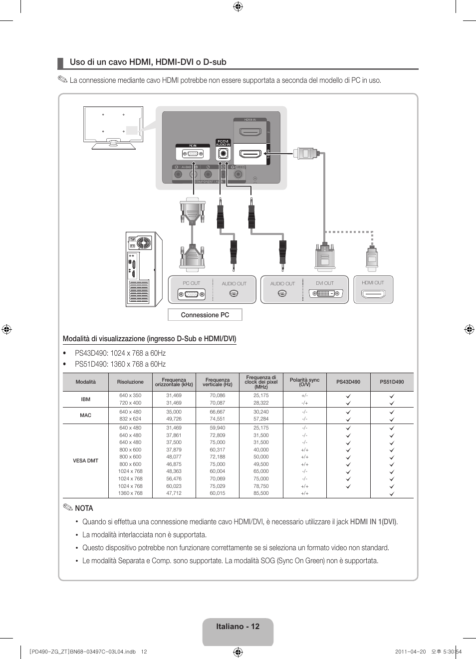 Uso di un cavo hdmi, hdmi-dvi o d-sub | Samsung PS43D490A1W User Manual | Page 66 / 74