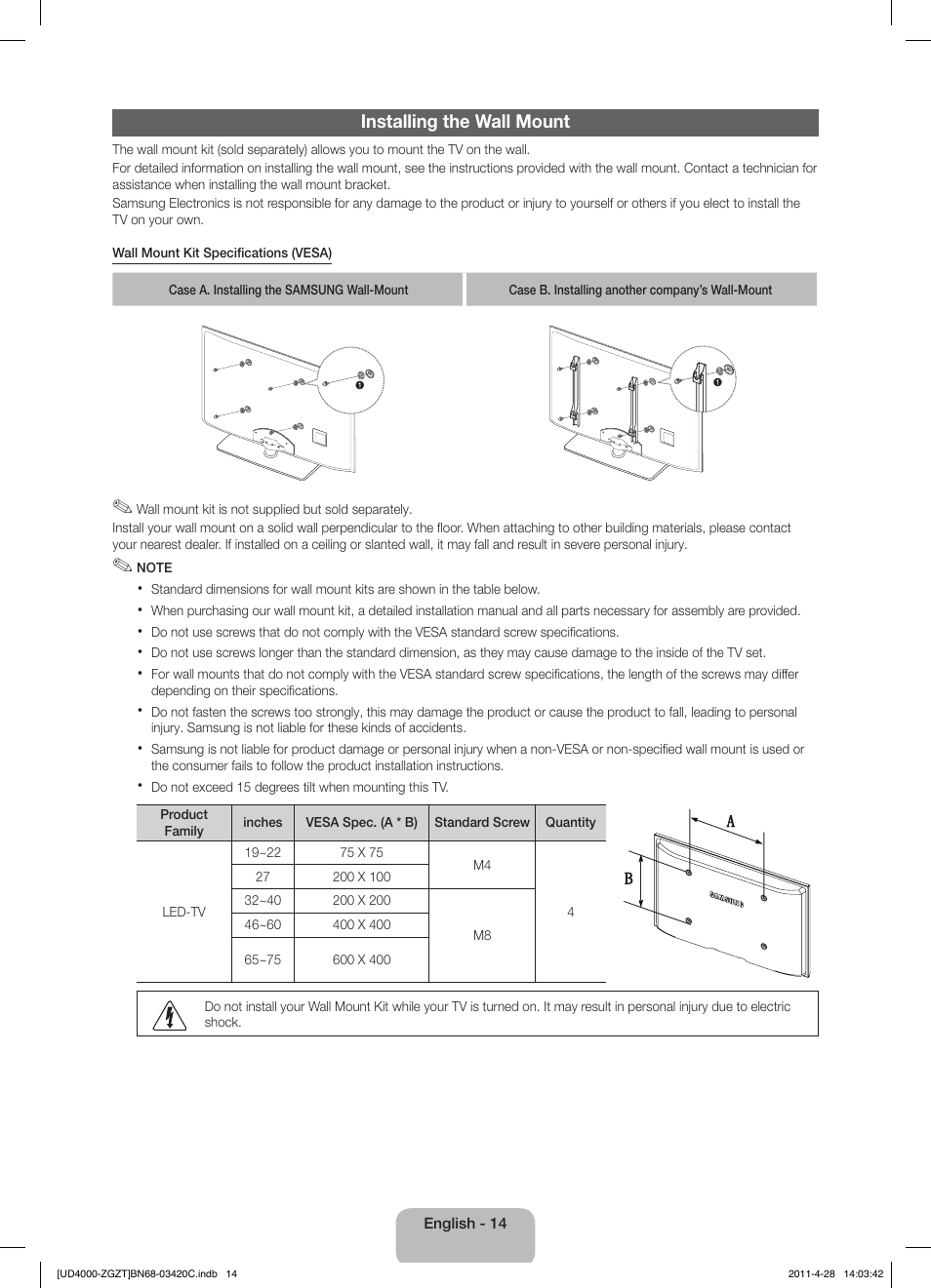 Installing the wall mount | Samsung UE19D4010NW User Manual | Page 14 / 67