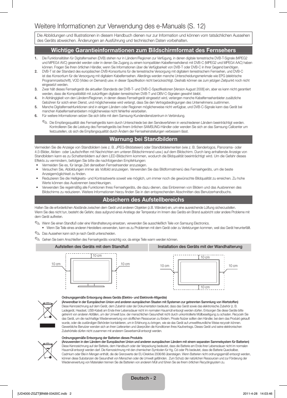 Warnung bei standbildern, Absichern des aufstellbereichs | Samsung UE19D4010NW User Manual | Page 18 / 67