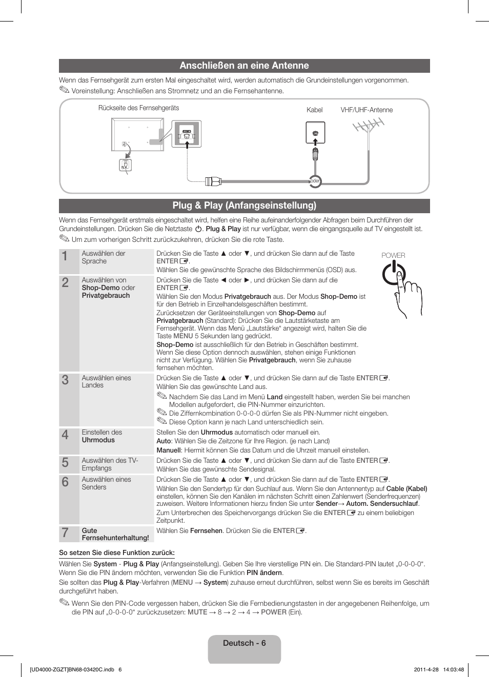 Anschließen an eine antenne, Plug & play (anfangseinstellung) | Samsung UE19D4010NW User Manual | Page 22 / 67