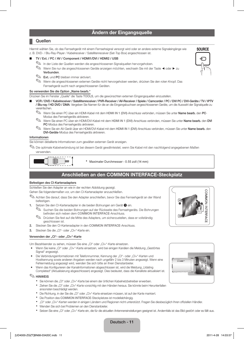 Ändern der eingangsquelle, Anschließen an den common interface-steckplatz | Samsung UE19D4010NW User Manual | Page 27 / 67