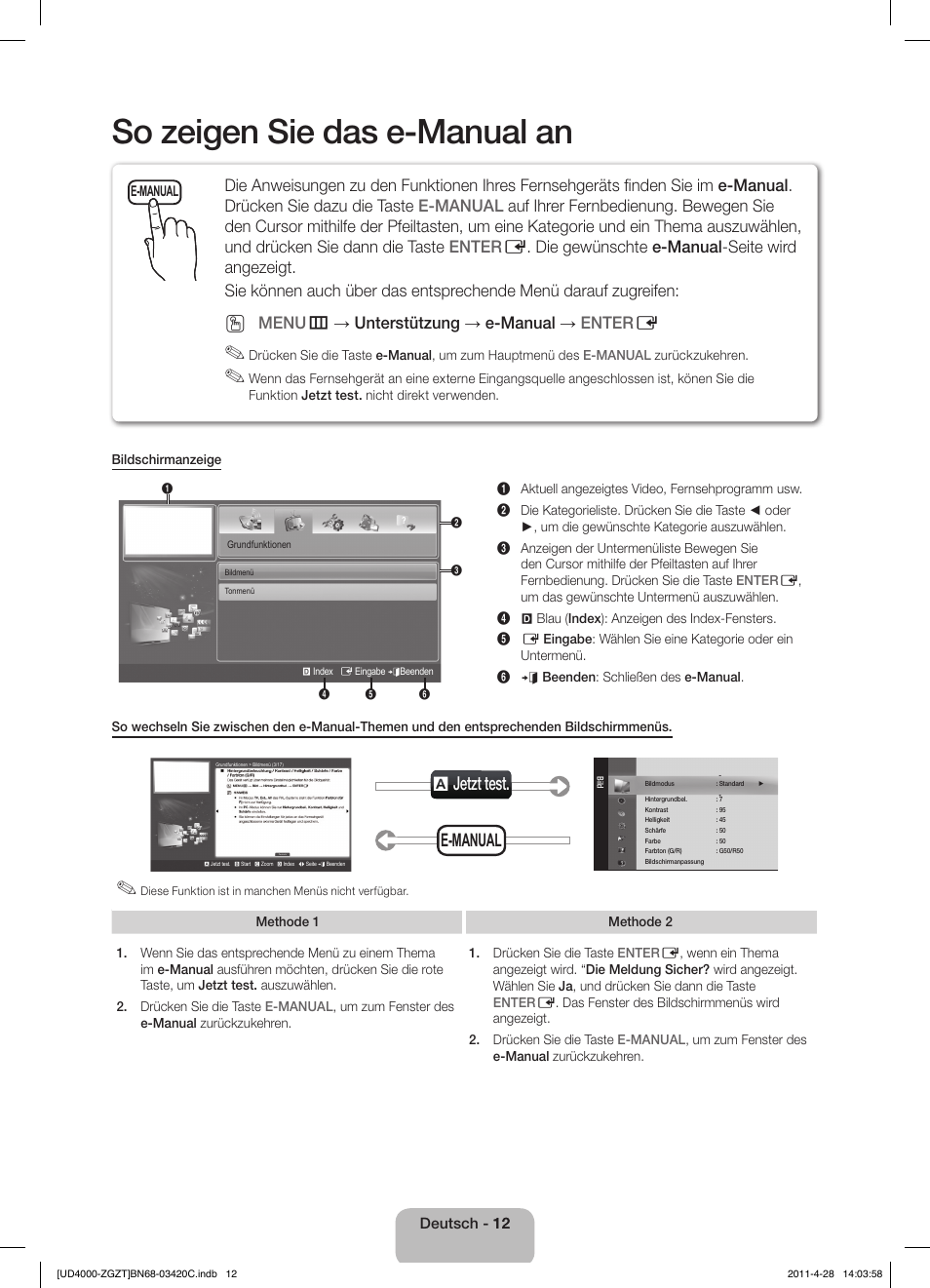 So zeigen sie das e-manual an, A jetzt test, E-manual | Menu m → unterstützung → e-manual → enter e | Samsung UE19D4010NW User Manual | Page 28 / 67