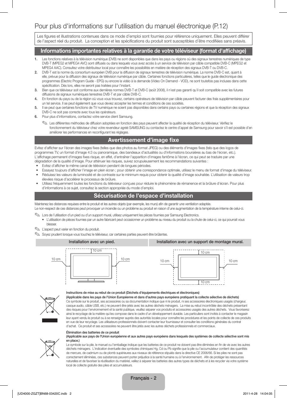 Avertissement d’image fixe, Sécurisation de l’espace d’installation | Samsung UE19D4010NW User Manual | Page 34 / 67