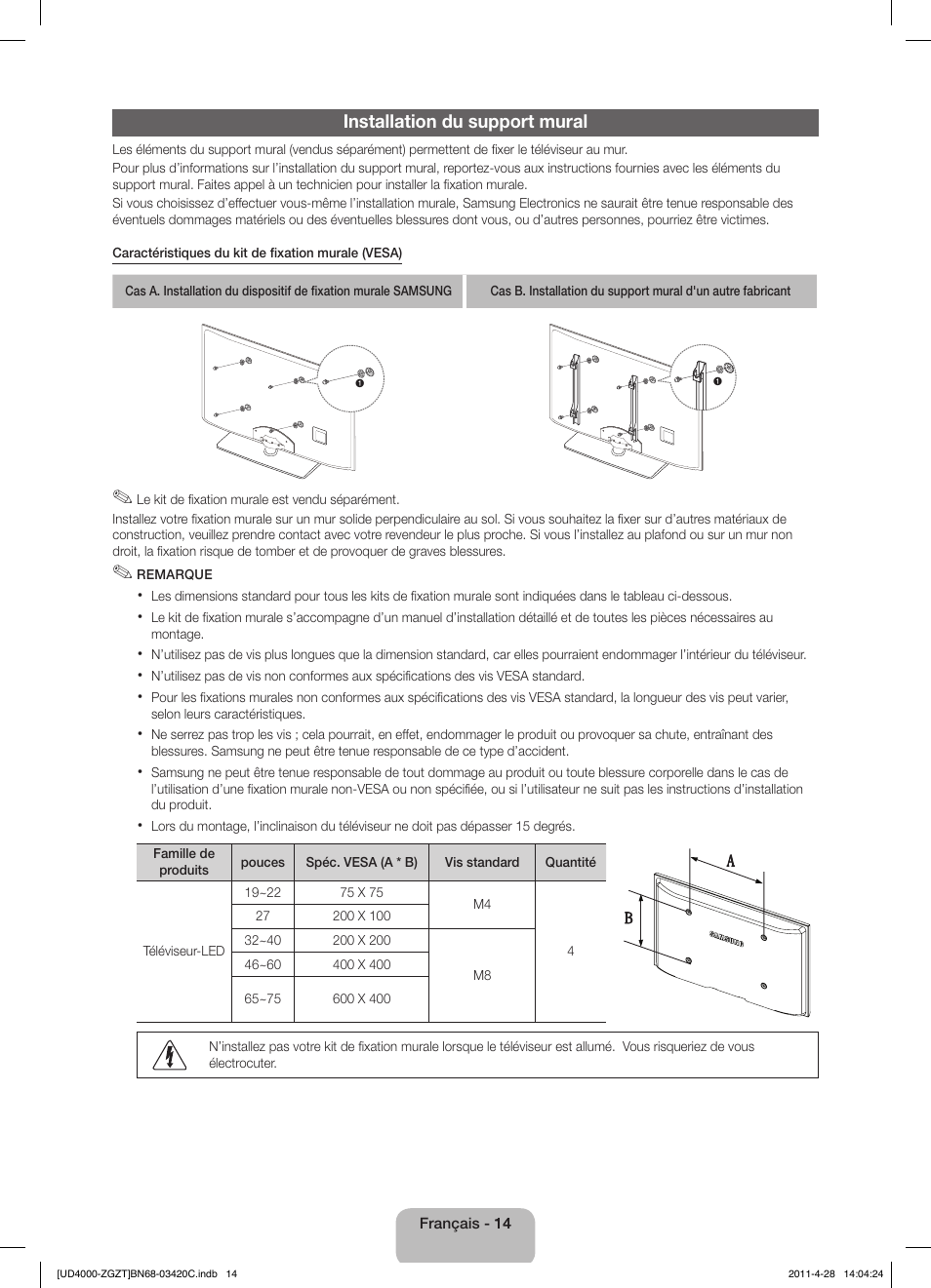 Installation du support mural | Samsung UE19D4010NW User Manual | Page 46 / 67