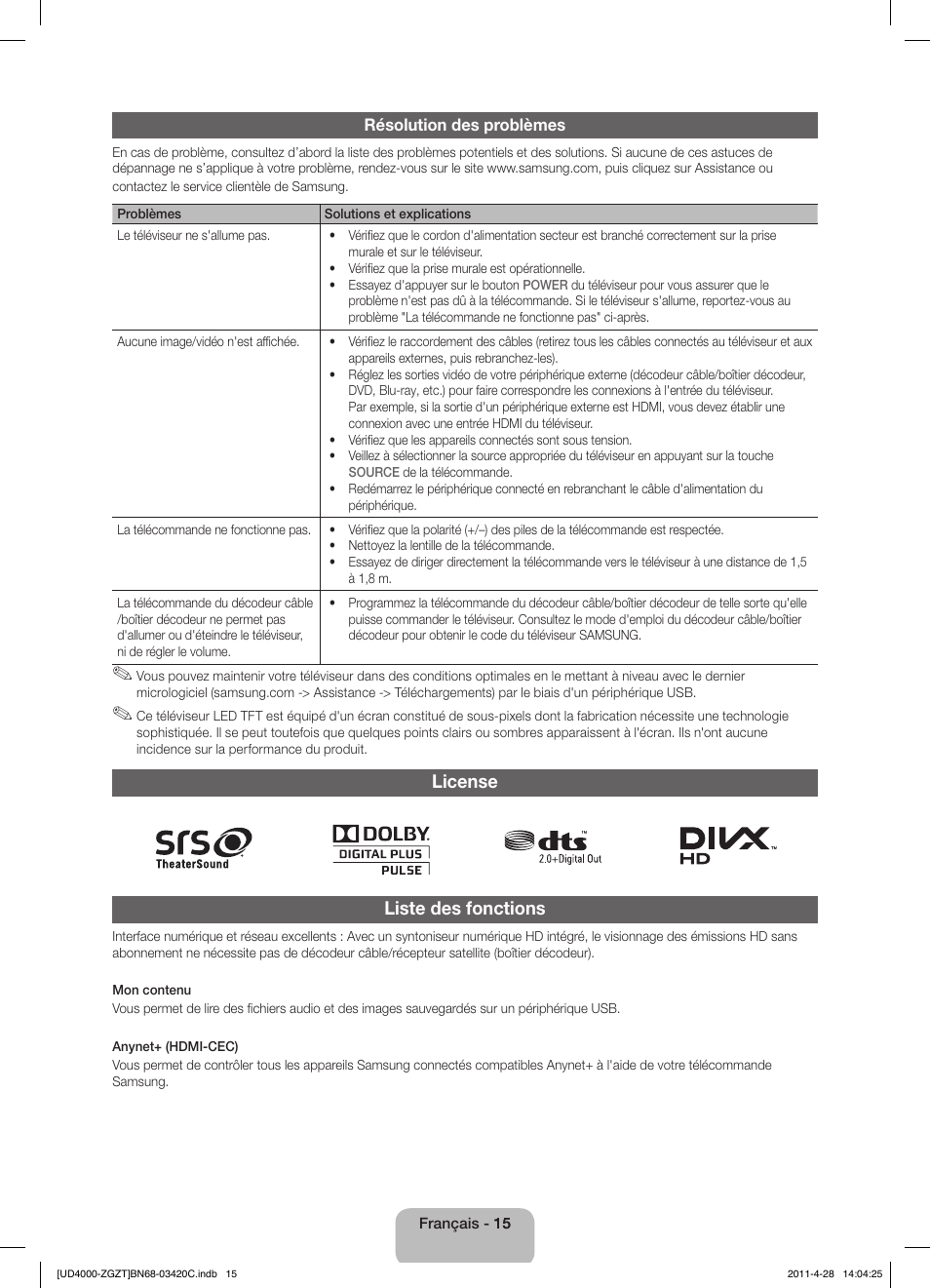 License liste des fonctions | Samsung UE19D4010NW User Manual | Page 47 / 67