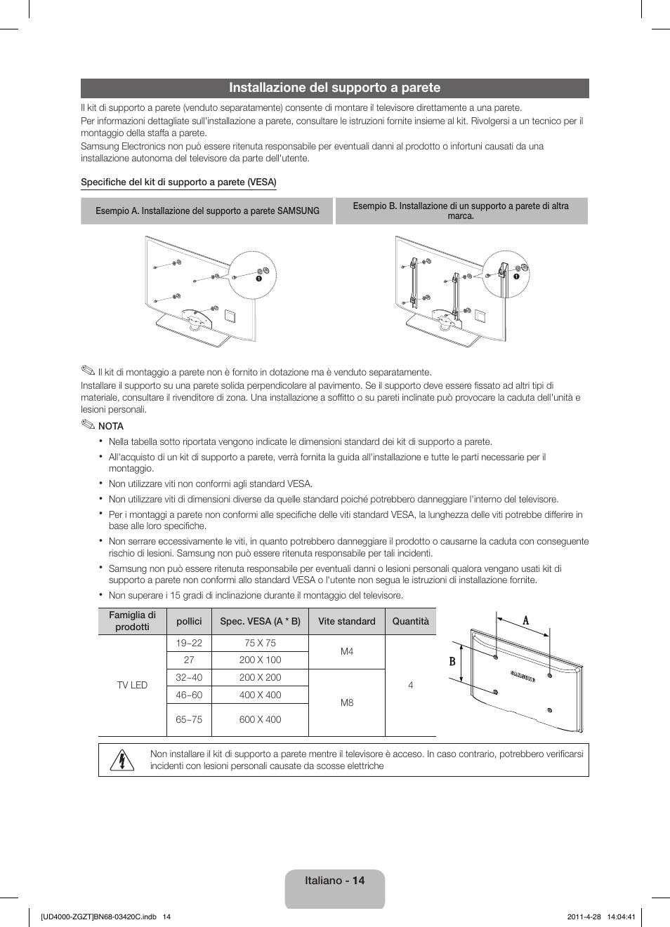 Installazione del supporto a parete | Samsung UE19D4010NW User Manual | Page 62 / 67