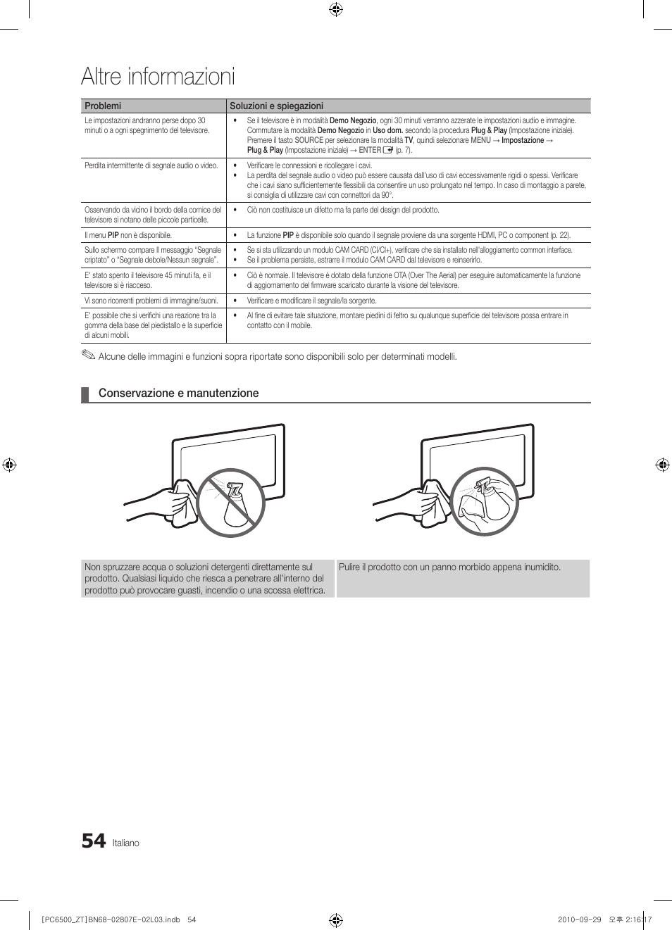 Altre informazioni, Conservazione e manutenzione | Samsung PS50C6500TP User Manual | Page 111 / 172