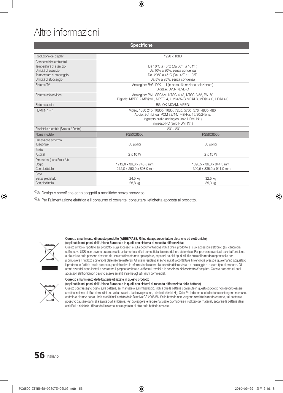 Altre informazioni | Samsung PS50C6500TP User Manual | Page 113 / 172