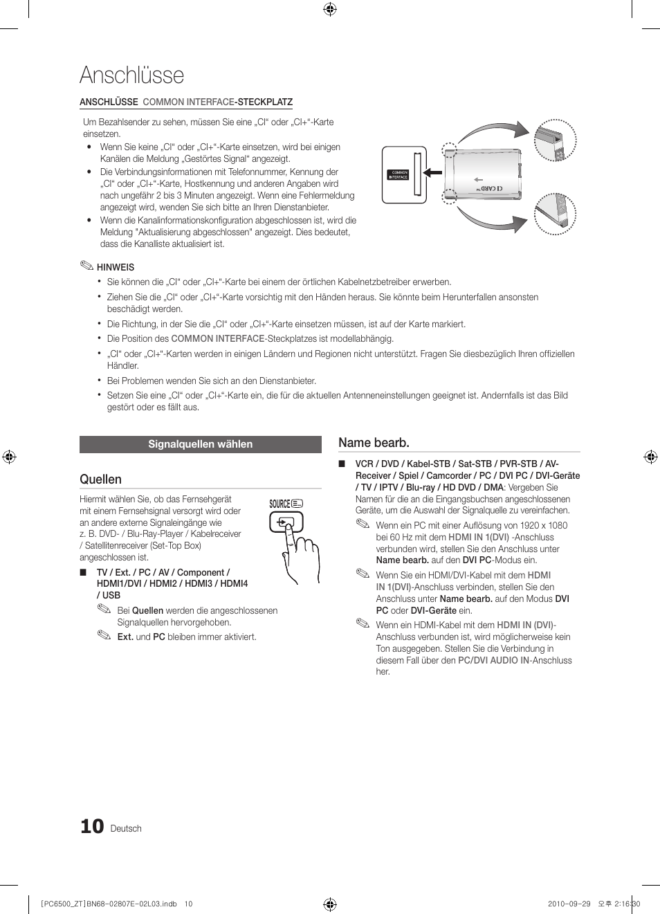 Anschlüsse | Samsung PS50C6500TP User Manual | Page 124 / 172