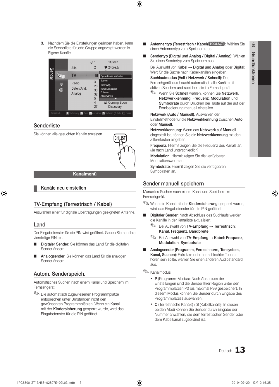 Senderliste, Tv-empfang (terrestrisch / kabel), Land | Autom. senderspeich, Sender manuell speichern | Samsung PS50C6500TP User Manual | Page 127 / 172