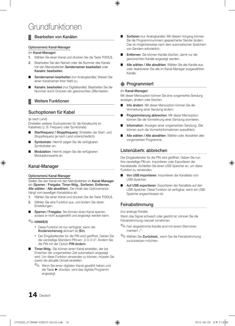 Grundfunktionen, Suchoptionen für kabel, Kanal-manager | Programmiert, Listenübertr. abbrechen, Feinabstimmung | Samsung PS50C6500TP User Manual | Page 128 / 172